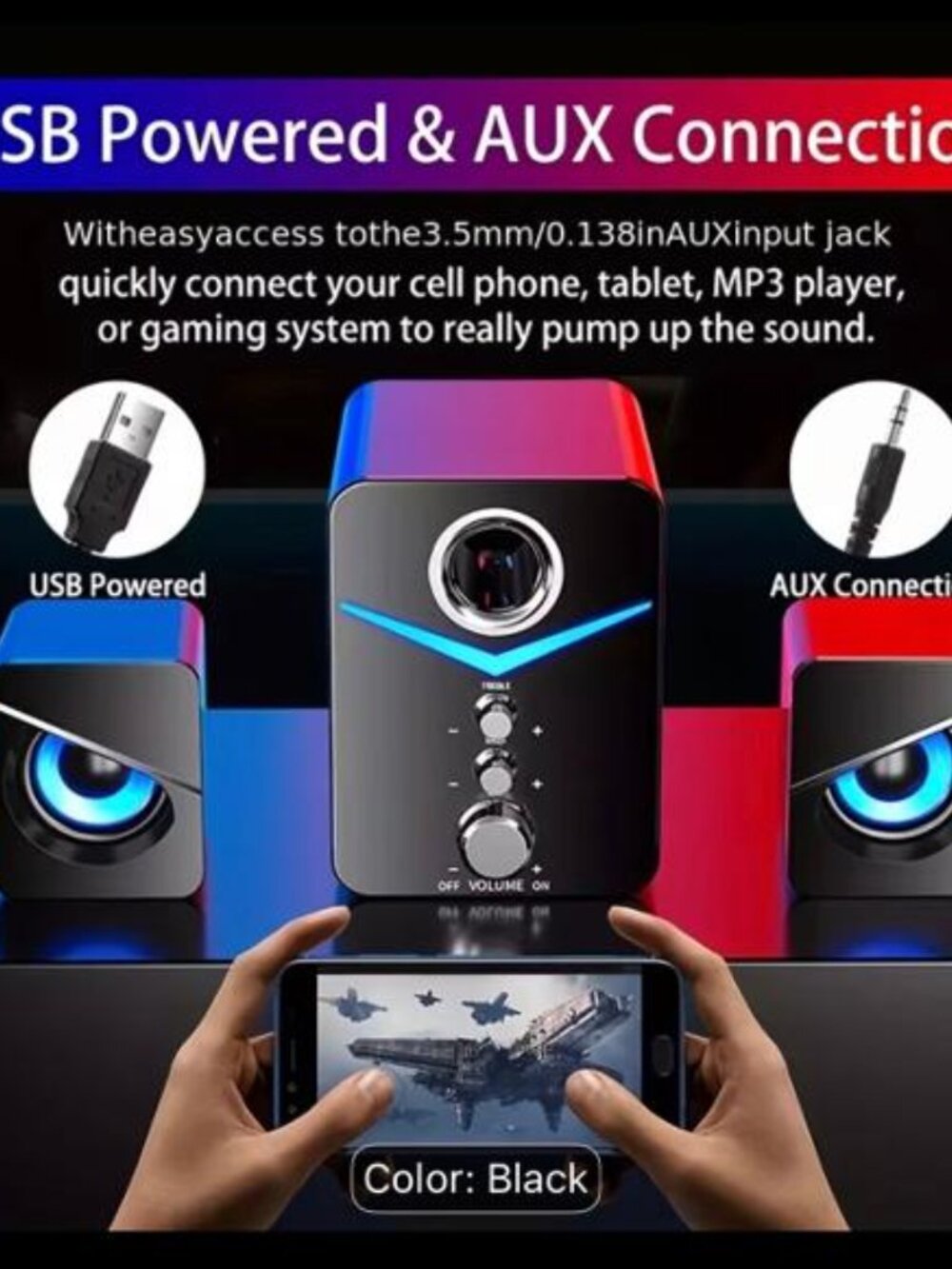 NEW- 3PC 3 in 1 Surround Sound Computer Speakers with Subwoofer, LED Light - Picture 2 of 8